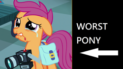 Size: 1280x718 | Tagged: safe, edit, screencap, character:scootaloo, species:pegasus, species:pony, episode:parental glideance, g4, my little pony: friendship is magic, abuse, camera, crying, female, filly, op is a duck, op is trying to start shit, sad, scootabuse, solo, worst pony