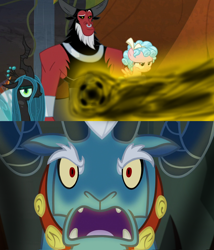 Size: 1200x1400 | Tagged: safe, edit, edited screencap, screencap, character:cozy glow, character:grogar, character:lord tirek, character:queen chrysalis, species:pegasus, species:pony, bell, female, filly, hilarious in hindsight, magic