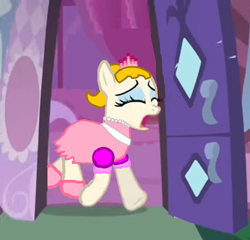 Size: 724x696 | Tagged: safe, edit, edited screencap, screencap, character:vera, species:earth pony, species:pony, episode:the show stoppers, g4, my little pony: friendship is magic, carousel boutique, clothing, crying, dress, exploitable meme, meme, ponytail, princess crown, prototype lola loud's outfit, sash, solo, spa pony, vera's mane