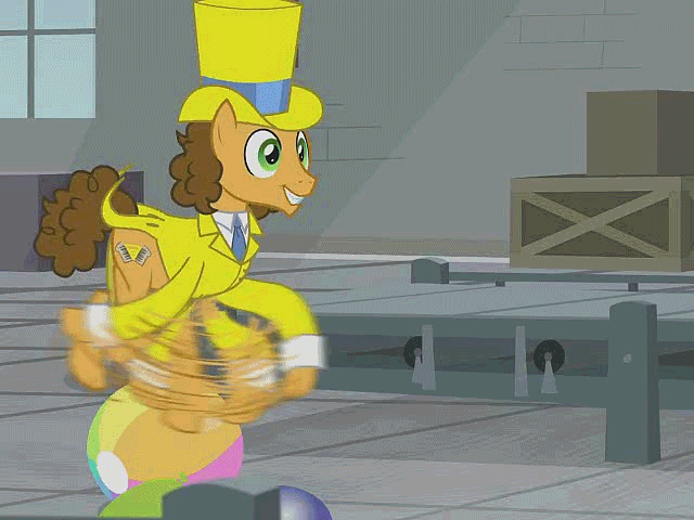 Size: 640x480 | Tagged: safe, edit, edited screencap, screencap, character:cheese sandwich, species:earth pony, species:pony, episode:the last laugh, g4, my little pony: friendship is magic, animated, ball, beach ball, box, clothing, cropped, factory, gag factory, gif, hat, male, rubber pony, singing, song, stallion, trotting