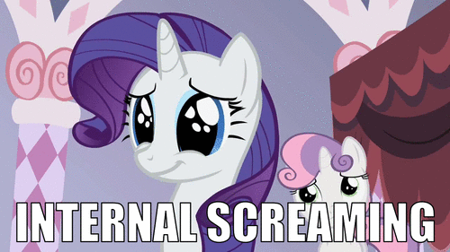 Size: 500x281 | Tagged: safe, edit, edited screencap, screencap, character:rarity, character:sweetie belle, episode:sisterhooves social, g4, my little pony: friendship is magic, animated, caption, gif, image macro, internal screaming, reaction image, text