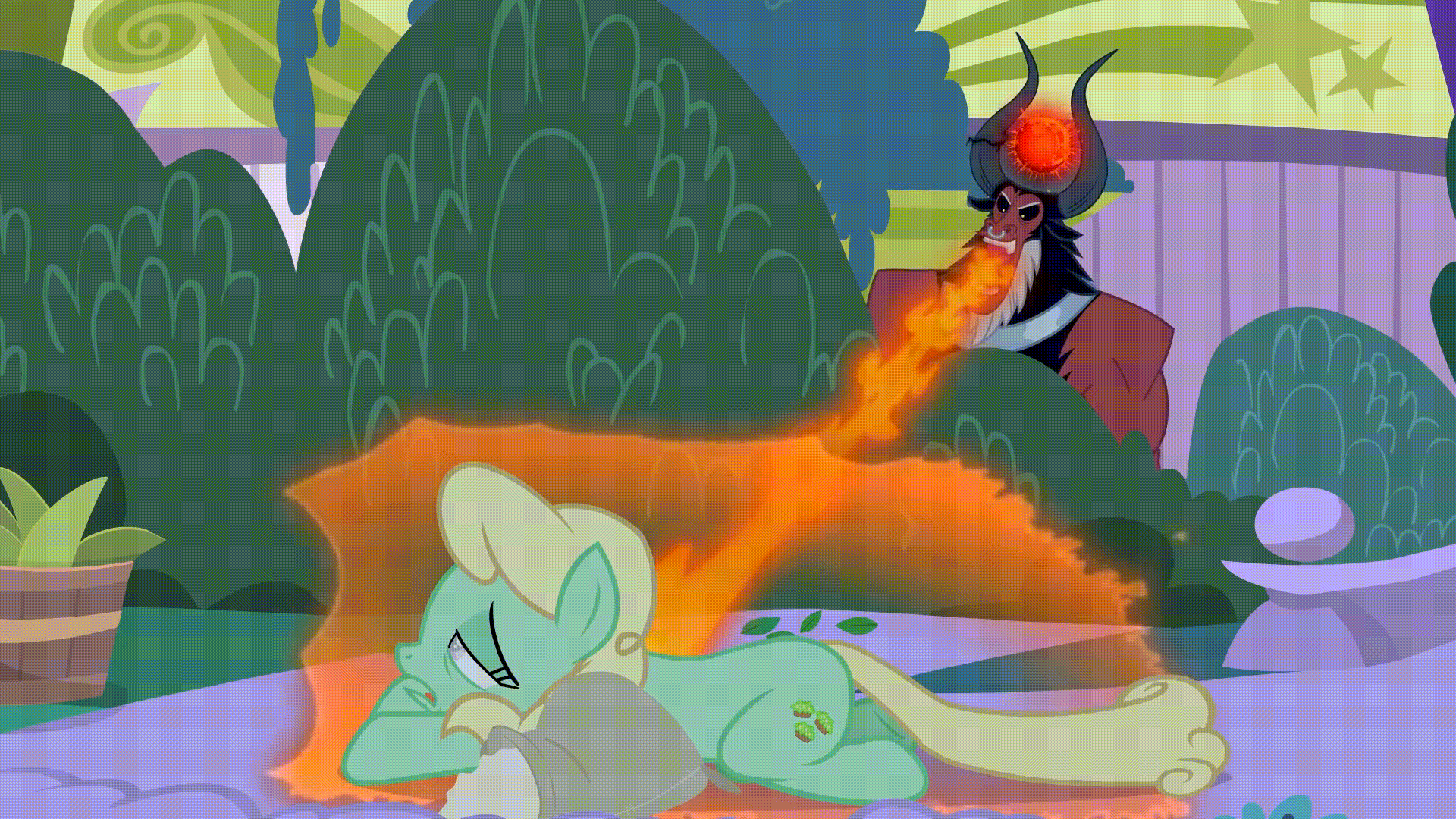 Size: 1920x1080 | Tagged: safe, edit, screencap, character:apple honey, character:lord tirek, species:centaur, species:earth pony, species:pony, episode:the summer sun setback, g4, my little pony: friendship is magic, animated, apple family member, female, flour sack, gif, lying down, magic drain, mare, that centaur sure does love magic, you know for kids