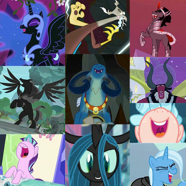 Size: 600x600 | Tagged: safe, edit, edited screencap, screencap, character:cozy glow, character:discord, character:grogar, character:king sombra, character:lord tirek, character:nightmare moon, character:pony of shadows, character:princess luna, character:queen chrysalis, character:starlight glimmer, character:trixie, species:alicorn, species:centaur, species:changeling, species:draconequus, species:pony, species:ram, species:unicorn, episode:a canterlot wedding, episode:friendship is magic, episode:magic duel, episode:school raze, episode:shadow play, episode:the beginning of the end, episode:the cutie re-mark, episode:the return of harmony, g4, my little pony: friendship is magic, alicorn amulet, alternate timeline, animated, antagonist, changeling queen, compilation, cropped, crystal ball, crystal war timeline, evil, evil laugh, female, filly, gif, glowing horn, grogar's orb, horn, laughing, lightning, magic, male, mare, shadow pony, stallion