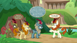 Size: 800x450 | Tagged: safe, edit, edited screencap, screencap, character:autumn afternoon, character:autumn blaze, character:maple brown, character:sparkling brook, species:kirin, episode:sounds of silence, g4, my little pony: friendship is magic, background kirin, bad idea, chemistry joke, dialogue, dioxygen difluoride, female, fluffy, foof, kirin village, male, raised hoof, speech bubble, this will end in explosions, this will end in silence