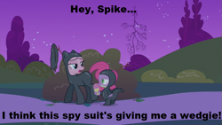 Size: 853x480 | Tagged: safe, edit, edited screencap, screencap, character:pinkie pie, character:spike, species:dragon, species:earth pony, species:pony, episode:it's about time, g4, my little pony: friendship is magic, caption, catsuit, duo, female, food, ice cream, image macro, male, mare, night