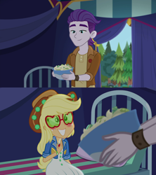 Size: 1920x2160 | Tagged: safe, edit, edited screencap, screencap, character:applejack, episode:accountibilibuddies, g4, my little pony: equestria girls, my little pony:equestria girls, spoiler:choose your own ending (season 2), spoiler:eqg series (season 2), accountibilibuddies: rainbow dash, applejack's sunglasses, bed, blushing, clothing, cowboy hat, cute, dirk thistleweed, hat, jackabetes, jacket, ointment, shipping fuel, shirt, smiling, stetson, tent
