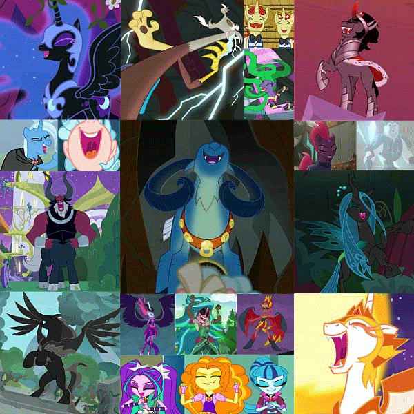 Size: 600x600 | Tagged: safe, edit, edited screencap, screencap, character:adagio dazzle, character:aria blaze, character:cozy glow, character:daybreaker, character:discord, character:flam, character:flim, character:gloriosa daisy, character:grogar, character:king sombra, character:lord tirek, character:mane-iac, character:midnight sparkle, character:nightmare moon, character:pony of shadows, character:princess celestia, character:princess luna, character:queen chrysalis, character:sonata dusk, character:storm king, character:sunset satan, character:sunset shimmer, character:tempest shadow, character:trixie, character:twilight sparkle, character:twilight sparkle (scitwi), species:alicorn, species:centaur, species:changeling, species:draconequus, species:earth pony, species:eqg human, species:pegasus, species:pony, species:ram, species:sheep, species:unicorn, episode:a royal problem, episode:friendship is magic, episode:magic duel, episode:power ponies, episode:school raze, episode:shadow play, episode:the beginning of the end, episode:the cutie re-mark, episode:the mean 6, episode:the return of harmony, episode:the summer sun setback, episode:the super speedy cider squeezy 6000, equestria girls:equestria girls, equestria girls:friendship games, equestria girls:legend of everfree, equestria girls:rainbow rocks, g4, my little pony: equestria girls, my little pony: friendship is magic, my little pony: the movie (2017), my little pony:equestria girls, alicorn amulet, alternate timeline, animated, antagonist, bow, changeling queen, clothing, cloven hooves, compilation, cropped, crystal ball, crystal war timeline, demon, evil, evil laugh, female, filly, flim flam brothers, gaea everfree, glowing horn, grogar's orb, hair bow, horn, laughing, legion of doom, lightning, male, mare, midnight sparkle, nose piercing, nose ring, piercing, semi-anthro, shadow pony, stallion, sunset satan, the dazzlings, wall of tags, yeti