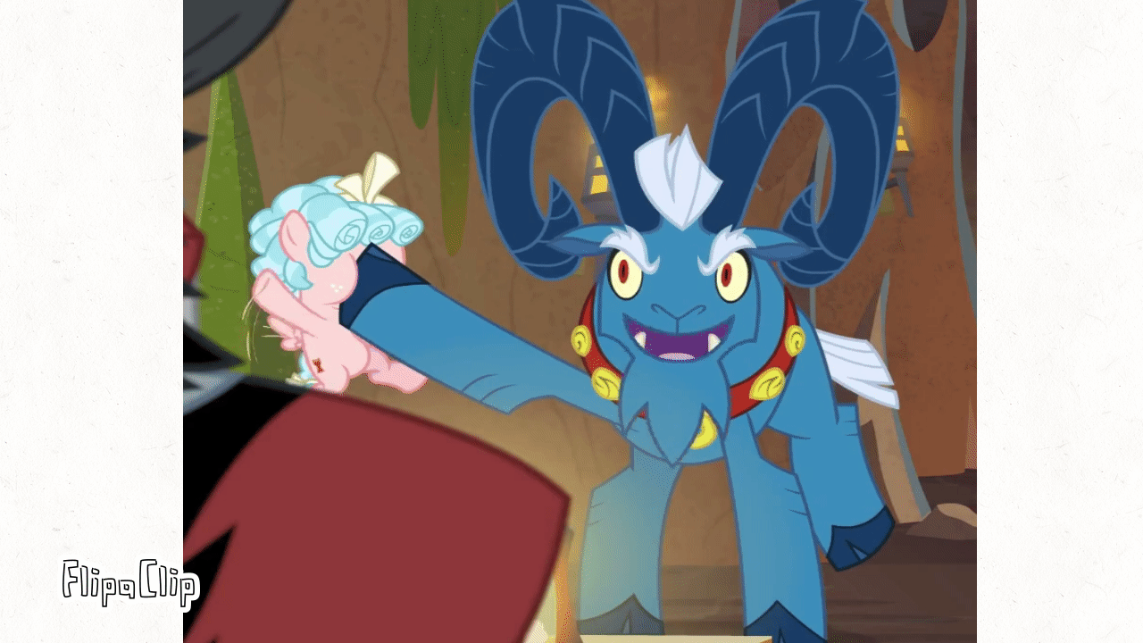 Size: 1280x720 | Tagged: safe, edit, edited screencap, screencap, character:cozy glow, character:grogar, character:lord tirek, species:pegasus, species:pony, species:ram, species:sheep, episode:the summer sun setback, g4, my little pony: friendship is magic, abuse, animated, boop, bow, cloven hooves, colored hooves, cozybuse, cropped, derp, female, filly, gif, googly eyes, hair bow, male