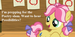Size: 702x351 | Tagged: safe, edit, edited screencap, screencap, character:kettle corn, species:pony, episode:marks and recreation, g4, my little pony: friendship is magic, bow, bronybait, circle, cropped, cute, haiku, kettlebetes, mane bow, tail bow