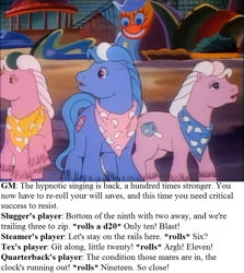 Size: 757x849 | Tagged: safe, edit, edited screencap, screencap, character:quarterback, episode:somnambula, g1, my little pony 'n friends, amusement park, bandana, big brother ponies, dialogue, implied kyrie, implied oc, implied tex, role-playing game, slugger, steamer (g1), text, unshorn fetlocks