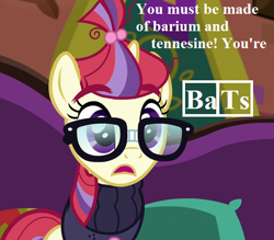 Size: 512x448 | Tagged: safe, edit, edited screencap, screencap, character:moondancer, species:pony, episode:the point of no return, g4, my little pony: friendship is magic, barium, chemistry joke, cropped, glasses, misspelling, periodic table, pun, reaction image, speech, the tasty treat