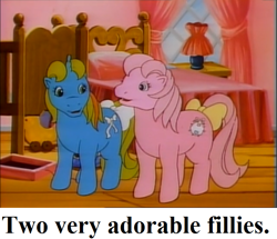 Size: 757x651 | Tagged: safe, edit, edited screencap, screencap, character:baby ribbon, character:baby tiddlywinks, episode:little piece of magic, g1, my little pony 'n friends, bed, bow, captain obvious, caption, curtains, cute, lamp, tail bow, text