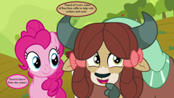 Size: 800x450 | Tagged: safe, edit, edited screencap, screencap, character:pinkie pie, character:yona, species:earth pony, species:pony, species:yak, episode:she's all yak, g4, my little pony: friendship is magic, bon bon's baking cookies girls, bow, cloven hooves, cute, dialogue, diapinkes, duo, female, hair bow, implied bon bon, implied lyra, mare, monkey swings, speech bubble, yonadorable