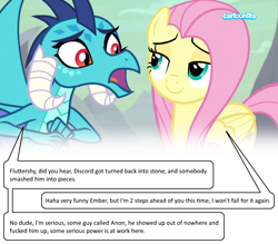 Size: 800x702 | Tagged: safe, edit, edited screencap, screencap, character:fluttershy, character:princess ember, oc, oc:anon, episode:sweet and smoky, g4, my little pony: friendship is magic, cartoonito logo, death, op is a duck, op is trying to start shit, vulgar