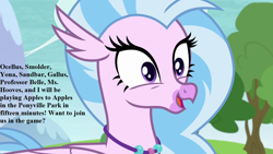 Size: 1280x720 | Tagged: safe, edit, edited screencap, screencap, character:silverstream, episode:non-compete clause, g4, my little pony: friendship is magic, apples to apples, bronybait, cute, diastreamies, implied derpy, implied gallus, implied ocellus, implied rarity, implied sandbar, implied smolder, implied yona, jewelry, necklace, speech, tree