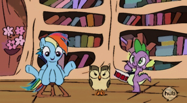 Size: 615x340 | Tagged: safe, edit, edited screencap, screencap, character:owlowiscious, character:rainbow dash, character:spike, species:dragon, species:pegasus, species:pony, episode:testing testing 1-2-3, g4, my little pony: friendship is magic, animated, book, bookshelf, drums, female, golden oaks library, hopping, hub logo, male, musical instrument, perfect loop, stool