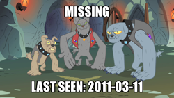 Size: 1280x720 | Tagged: safe, edit, edited screencap, screencap, character:fido, character:rover, species:diamond dog, episode:a dog and pony show, g4, my little pony: friendship is magic, caption, image macro, missing, spot, text