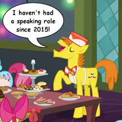 Size: 481x480 | Tagged: safe, edit, edited screencap, screencap, character:apple bloom, character:carrot cake, character:cup cake, character:flitter, species:pony, episode:a hearth's warming tail, g4, my little pony: friendship is magic, dialogue, speech bubble