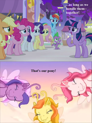 Size: 720x960 | Tagged: safe, edit, edited screencap, screencap, character:applejack, character:fluttershy, character:pinkie pie, character:rainbow dash, character:rarity, character:spike, character:tiddlywink, character:tra-la-la, character:twilight sparkle, character:twilight sparkle (alicorn), character:zipzee, species:alicorn, species:breezies, species:dragon, species:pony, episode:the princess promenade, episode:the summer sun setback, g3, g4, my little pony: friendship is magic, applejack's hat, canterlot, clothing, cowboy hat, cropped, cute, diabreezies, hat, speech, winged spike