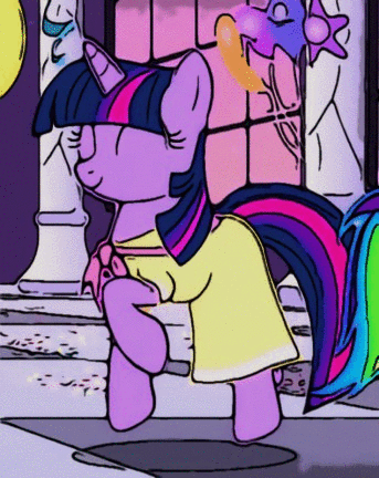 Size: 343x432 | Tagged: safe, edit, edited screencap, screencap, character:rainbow dash, character:twilight sparkle, character:twilight sparkle (unicorn), species:pony, species:unicorn, episode:sweet and elite, g4, my little pony: friendship is magic, adorkable, animated, balloon, clothing, cute, dancing, do the sparkle, dork, dress, eyes closed, female, mare, smiling, twiabetes