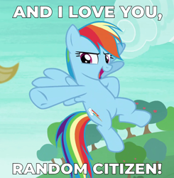 Size: 800x817 | Tagged: safe, edit, edited screencap, screencap, character:applejack, character:rainbow dash, species:pegasus, species:pony, episode:non-compete clause, g4, my little pony: friendship is magic, caption, cloud, cropped, female, flying, fourth wall, image macro, mare, megamind, movie reference, open mouth, pointing, sky, text, tree