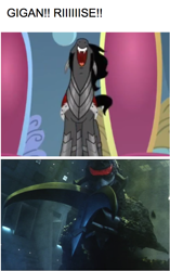 Size: 552x877 | Tagged: safe, edit, edited screencap, screencap, character:king sombra, episode:the beginning of the end, g4, my little pony: friendship is magic, crossover, evil laugh, gigan, godzilla (series), godzilla final wars, kaiju, meme, this will end in death
