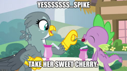 Size: 888x499 | Tagged: safe, edit, edited screencap, screencap, character:gabby, character:spike, species:dragon, species:griffon, ship:spabby, episode:dragon dropped, g4, my little pony: friendship is magic, caption, cherry, female, food, image macro, innuendo, interspecies, male, shipping, straight, text, winged spike