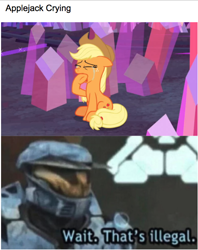 Size: 552x698 | Tagged: safe, edit, edited screencap, screencap, character:applejack, species:pony, episode:hearthbreakers, g4, my little pony: friendship is magic, applejack cries on the inside, crying, crystal, halo, leonard church, meme, red vs blue, wait that's illegal