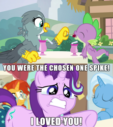 Size: 610x686 | Tagged: safe, edit, edited screencap, screencap, character:gabby, character:spike, character:starlight glimmer, character:sunburst, character:trixie, species:dragon, ship:spabby, ship:sparlight, episode:a horse shoe-in, episode:dragon dropped, g4, my little pony: friendship is magic, crossover, crying, female, jealous, love triangle, male, obi wan kenobi, phyllis no!, sad, screencap comic, shipping, star wars, straight, text, winged spike