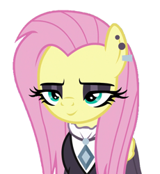 Size: 849x924 | Tagged: safe, edit, edited screencap, screencap, character:fluttershy, species:pegasus, species:pony, episode:fake it 'til you make it, background removed, female, fluttergoth, inverted mouth, simple background, smiling, smirk, solo, white background