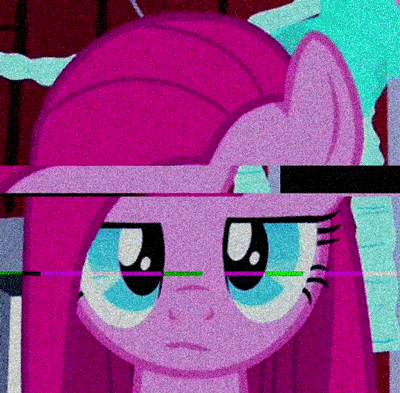 Size: 400x393 | Tagged: safe, edit, edited screencap, screencap, character:pinkamena diane pie, character:pinkie pie, species:pony, episode:party of one, g4, my little pony: friendship is magic, season 1, animated, error, eyestrain warning, female, glitch, looking at you, mare, noise, she knows, solo, the beginning