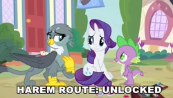 Size: 1920x1080 | Tagged: safe, edit, edited screencap, screencap, character:gabby, character:rarity, character:spike, species:dragon, species:griffon, ship:spabby, ship:sparity, episode:dragon dropped, g4, my little pony: friendship is magic, caption, female, harem, implied polyamory, interspecies, male, shipping, spike gets all the mares, straight, text, winged spike