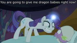 Size: 1920x1080 | Tagged: safe, edit, edited screencap, screencap, character:rarity, character:spike, species:dragon, species:pony, species:unicorn, episode:dragon dropped, g4, my little pony: friendship is magic, caption, clothing, female, hat, image macro, imminent interspecies, imminent sex, implied shipping, implied sparity, implied straight, male, nightcap, spike's bed, spike's room, text, winged spike