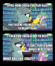 Size: 952x1129 | Tagged: safe, edit, edited screencap, screencap, character:gabby, character:rarity, character:spike, species:dragon, species:griffon, episode:dragon dropped, g4, my little pony: friendship is magic, caption, dungeons and dragons, female, image macro, library, male, ogres and oubliettes, text, winged spike