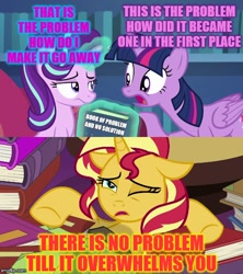 Size: 500x562 | Tagged: safe, edit, edited screencap, screencap, character:starlight glimmer, character:sunset shimmer, character:twilight sparkle, character:twilight sparkle (alicorn), species:alicorn, species:pony, species:unicorn, episode:every little thing she does, equestria girls:mirror magic, g4, my little pony: equestria girls, my little pony: friendship is magic, my little pony:equestria girls, spoiler:eqg specials, book, caption, floppy ears, image macro, library, text, twilight's castle, twilight's castle library