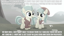 Size: 1366x770 | Tagged: safe, edit, edited screencap, screencap, character:barley barrel, character:pickle barrel, species:pegasus, species:pony, derpibooru, friendship is magic: rainbow roadtrip, g4, my little pony: friendship is magic, barleybetes, barrel twins, barrelbetes, beanie, blank flank, brother, brother and sister, caption, clothing, colt, cute, desaturated, dialogue, diaper, discovery family logo, exclamation point, family, female, filly, flower, freckles, grass, grass field, grayscale, happy, hat, hill, hoodie, logo, looking, looking at each other, male, meme, meta, monochrome, nostrils, numbers, open mouth, outdoors, picklebetes, question, question mark, shirt, siblings, sister, smiling, standing, sweater, symbol, t-shirt, talking, teeth, text, text edit, tree, twins, wall of tags