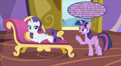 Size: 879x480 | Tagged: safe, edit, edited screencap, screencap, character:rarity, character:twilight sparkle, character:twilight sparkle (alicorn), species:alicorn, species:pony, episode:dragon dropped, g4, my little pony: friendship is magic, c.s. lewis, dialogue, fainting couch, implied gabby, implied spike, speech, speech bubble, the four loves