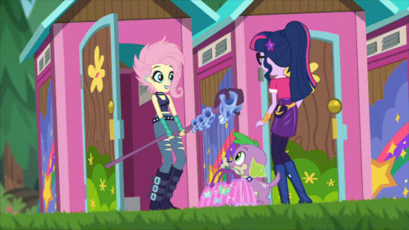 Size: 800x450 | Tagged: safe, edit, screencap, character:fluttershy, character:spike, character:spike (dog), character:twilight sparkle, character:twilight sparkle (scitwi), species:dog, species:eqg human, episode:the road less scheduled, g4, my little pony: equestria girls, my little pony:equestria girls, spoiler:choose your own ending (season 2), spoiler:eqg series (season 2), animated, boots, casper, casper (1995), choker, clothing, crystal skull staff, ear piercing, earring, eyeshadow, flutterpunk, geode of telekinesis, ghost, gif, glowing eyes, goth, jewelry, laser, lipstick, magical geodes, makeup, metalshy, midriff, outdoors, outhouse, piercing, shoes, skull, staff, stretch, tank top, the ghostly trio, the road less scheduled: fluttershy, tree