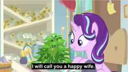 Size: 766x433 | Tagged: safe, edit, edited screencap, screencap, character:phyllis, character:starlight glimmer, species:pony, species:unicorn, episode:a horse shoe-in, g4, my little pony: friendship is magic, caption, cargo ship, female, implied shipping, mare, meme, plant, potted plant, shipping, solo, starlight's office, subtitles, youtube caption