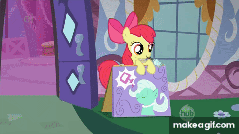 Size: 480x270 | Tagged: safe, edit, edited screencap, screencap, character:apple bloom, character:scootaloo, character:sweetie belle, character:vera, species:pegasus, species:pony, episode:the show stoppers, g4, my little pony: friendship is magic, animated, bell, carousel boutique, clown hair, crying, cutie mark crusaders, makeagif.com, spa, spa pony