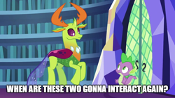 Size: 720x406 | Tagged: safe, edit, edited screencap, screencap, character:spike, character:thorax, species:changeling, species:dragon, species:pony, species:reformed changeling, episode:triple threat, g4, my little pony: friendship is magic, best friends, caption, happy, library, meme, question, text, text edit, trotting, trotting in place, twilight's castle, twilight's castle library