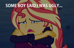 Size: 1136x744 | Tagged: safe, edit, edited screencap, screencap, character:sunset shimmer, equestria girls:sunset's backstage pass, g4, my little pony: equestria girls, my little pony:equestria girls, spoiler:eqg series (season 2), abuse, background pony strikes again, bronybait, crying, op is a duck, op is trying to start shit, sad, shimmerbuse, sunsad shimmer