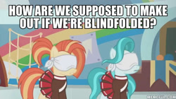 Size: 600x337 | Tagged: safe, edit, edited screencap, screencap, character:lighthoof, character:shimmy shake, species:pony, episode:2-4-6 greaaat, blindfold, implied kissing