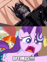 Size: 500x661 | Tagged: safe, edit, edited screencap, screencap, character:starlight glimmer, character:sunburst, species:pony, episode:a horse shoe-in, g4, my little pony: friendship is magic, death, dramatic, fangirl, optimus prime, phyllis no!, school, teary eyes, the transformers: the movie, transformers