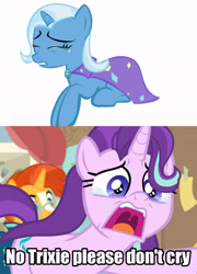 Size: 4000x5560 | Tagged: safe, edit, edited screencap, screencap, character:starlight glimmer, character:sunburst, character:trixie, species:pony, species:unicorn, episode:a horse shoe-in, g4, my little pony: friendship is magic, big no, cropped, crying, cute, dramatic, female, filly, glimmerbetes, mare, phyllis no!, sad, school, screaming, text, woobie, younger
