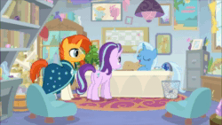 Size: 1280x720 | Tagged: safe, edit, screencap, character:phyllis, character:starlight glimmer, character:sunburst, character:trixie, species:pony, species:unicorn, episode:a horse shoe-in, g4, my little pony: friendship is magic, animated, bed, bedroom, exploitable meme, faec, family guy, female, joe swanson, male, meme, noooooooo, phyllis no!, screaming, sound, starlight's office, television, webm