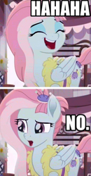 Size: 272x522 | Tagged: safe, edit, edited screencap, screencap, character:kerfuffle, species:pegasus, species:pony, friendship is magic: rainbow roadtrip, g4, my little pony: friendship is magic, caption, color edit, colored, exploitable meme, female, folded wings, haha no, hair accessory, image macro, mare, meme, sarcasm, saturated, text, wings
