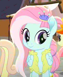 Size: 562x684 | Tagged: safe, edit, edited screencap, screencap, character:kerfuffle, species:earth pony, species:pegasus, species:pony, friendship is magic: rainbow roadtrip, g4, my little pony: friendship is magic, background pony, cute, female, folded wings, fufflebetes, hair accessory, mare, puppy love (character), quiet paws, unnamed character, unnamed pony, wings