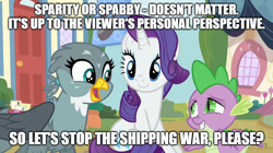 Size: 888x499 | Tagged: safe, edit, edited screencap, screencap, character:gabby, character:rarity, character:spike, species:dragon, species:griffon, species:pony, species:unicorn, ship:spabby, ship:sparity, episode:dragon dropped, g4, my little pony: friendship is magic, caption, female, image macro, love and tolerance, male, meme, opinion, perspective, shipping, shipping war, spike gets all the mares, straight, text, text edit, winged spike