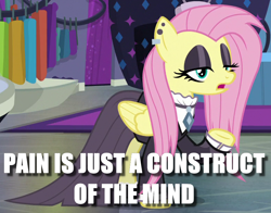 Size: 780x610 | Tagged: safe, edit, edited screencap, screencap, character:fluttershy, episode:fake it 'til you make it, caption, clothing, dress, fluttergoth, goth, image macro, text